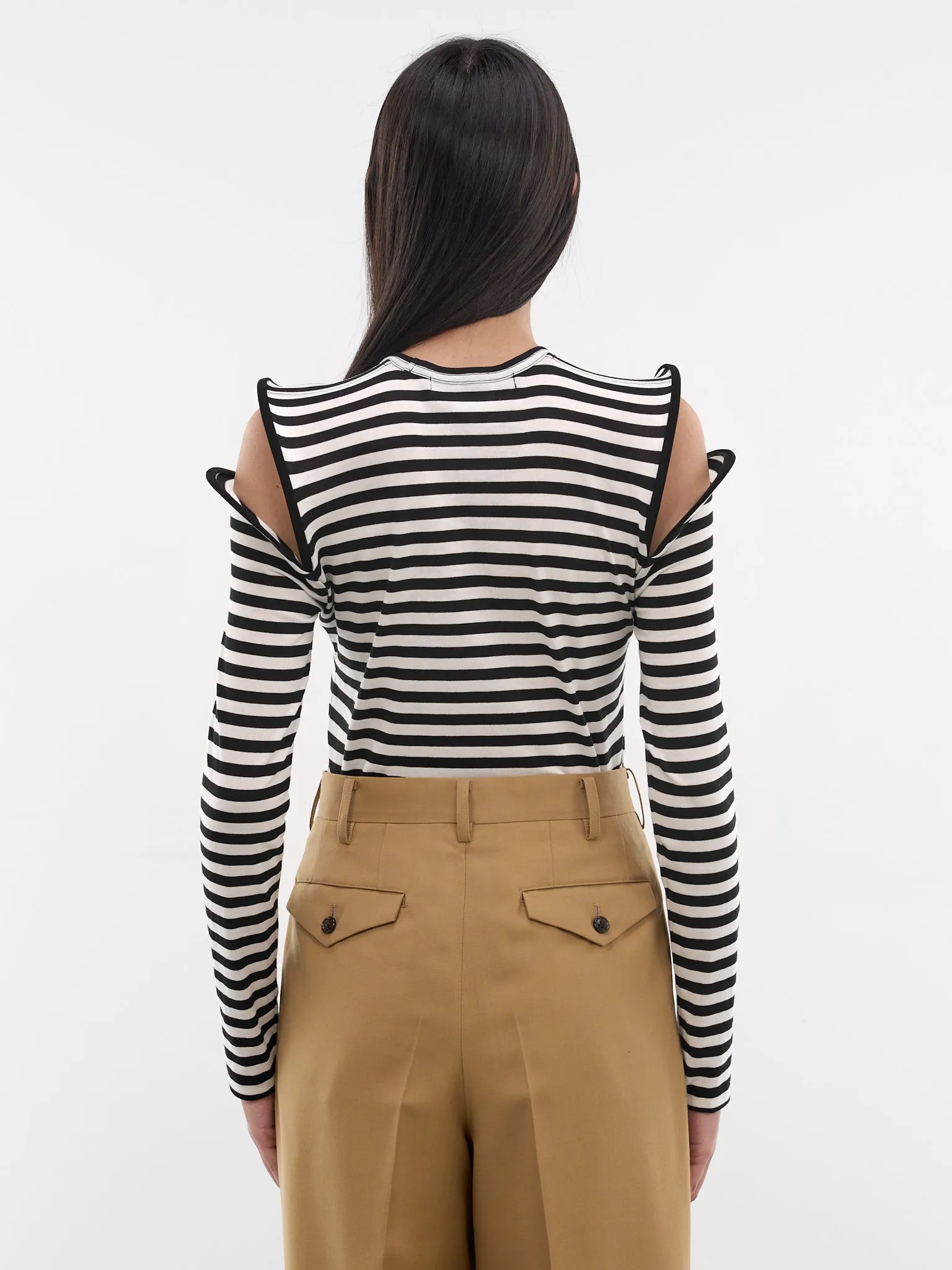 Striped Sculptural Shoulder Cut-Out Top (JQ-T022-S26-BLACK-WHITE) sold by lorenzo product image thumbnail 3