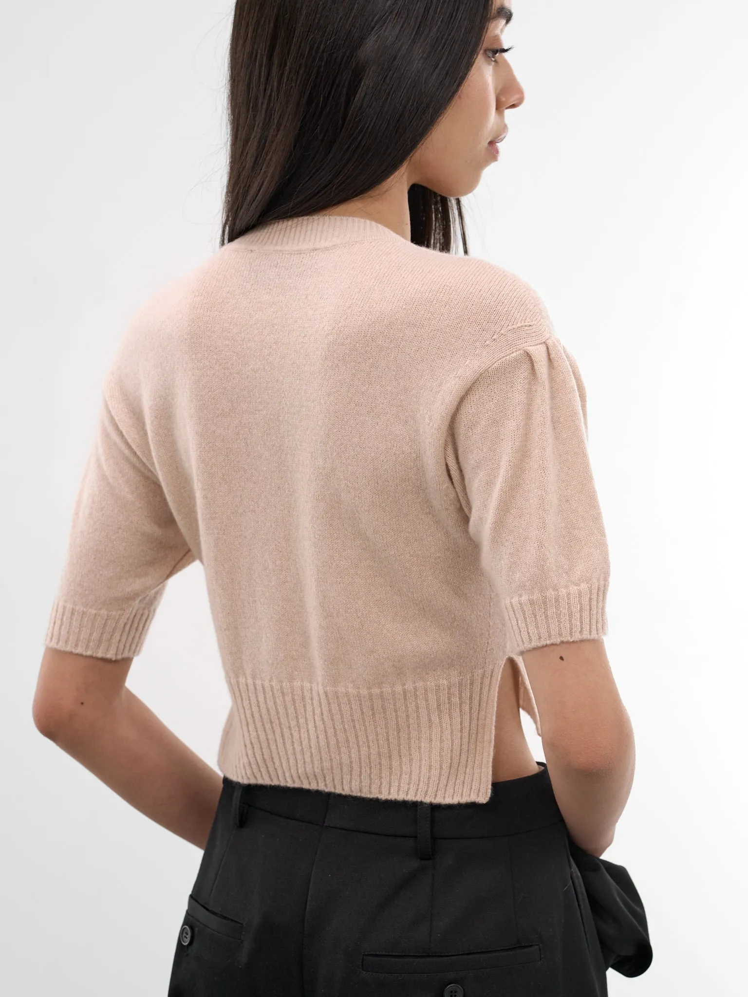 Taupe Cashmere Bow Cropped Cardigan (COMK5-0667-BLOOSOM-TAUPE) sold by lorenzo product image thumbnail 5