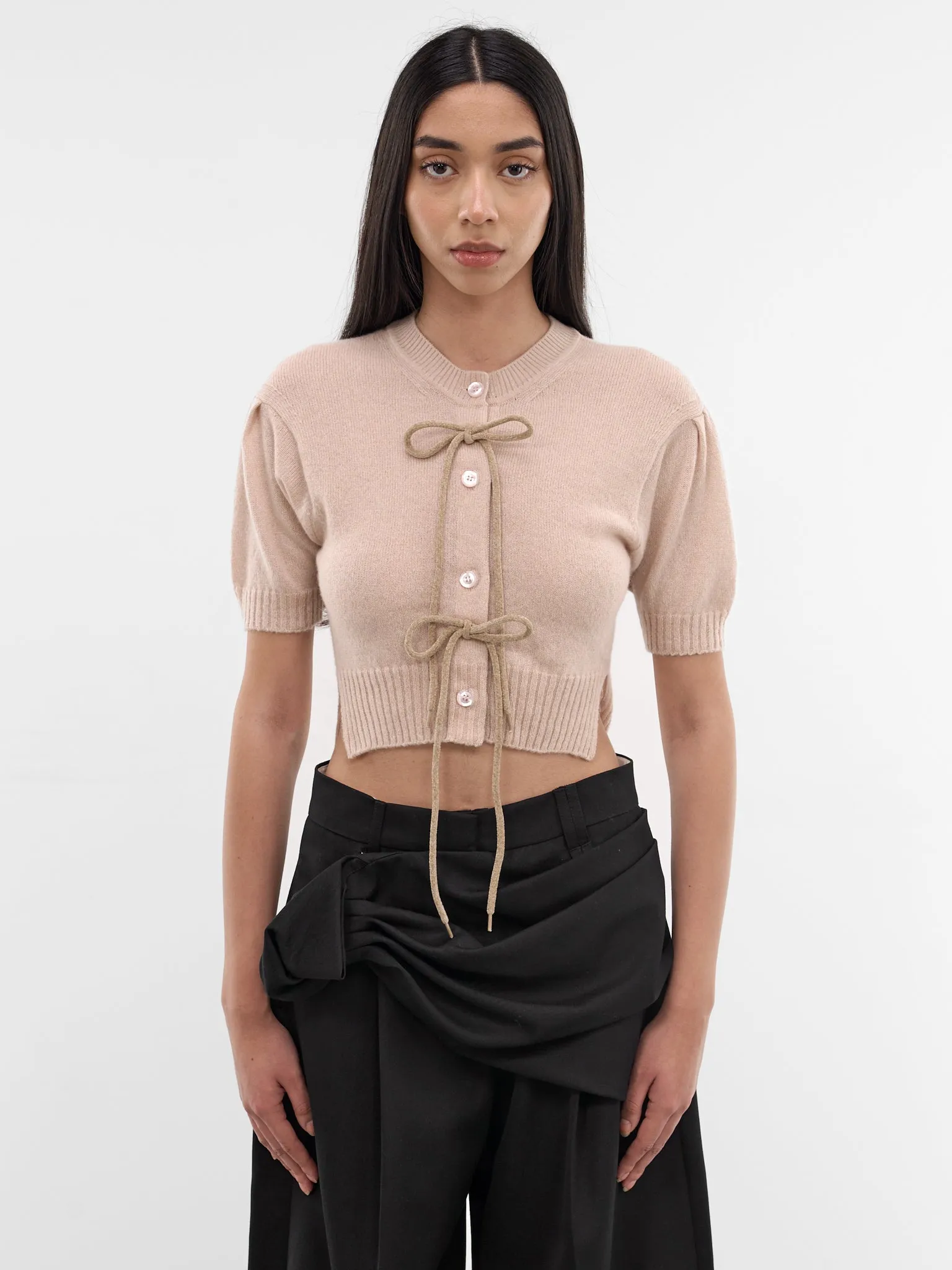 Taupe Cashmere Bow Cropped Cardigan (COMK5-0667-BLOOSOM-TAUPE) sold by lorenzo