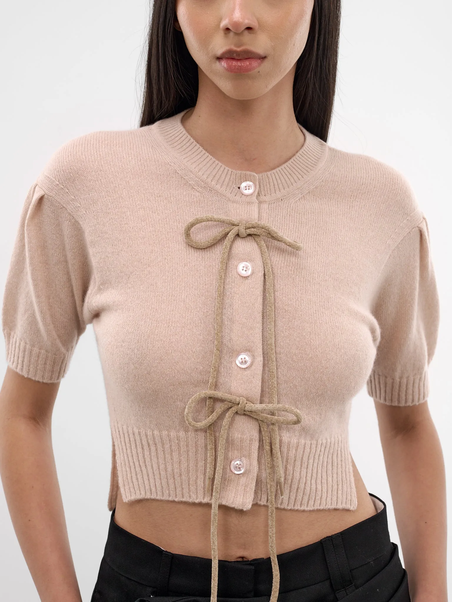Taupe Cashmere Bow Cropped Cardigan (COMK5-0667-BLOOSOM-TAUPE) sold by lorenzo product image thumbnail 4
