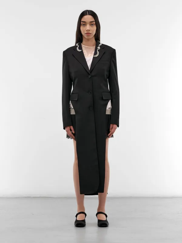 Embellished Hip Cut-Out Tailored Coat (2081B-1217-BLACK-PEARL-CLEAR) made by Simone Rocha