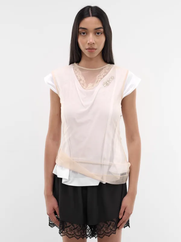 White Layered Ballet Lace Tee (5415B-0553-WHITE-NUDE-PEARL-CL) made by Simone Rocha
