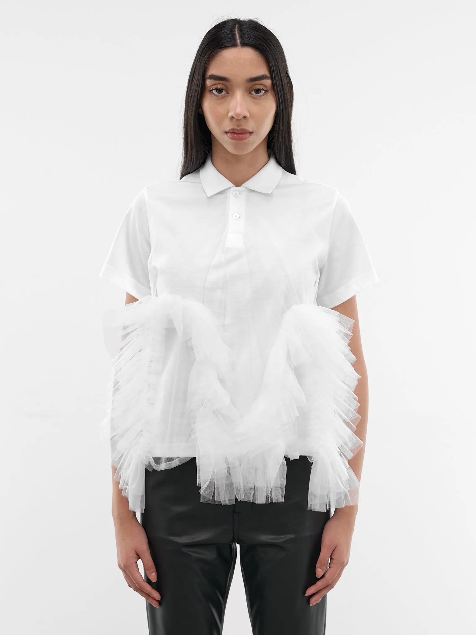 White Tulle Ruffle Polo Shirt (3Q-T003-S26-WHITE) sold by lorenzo