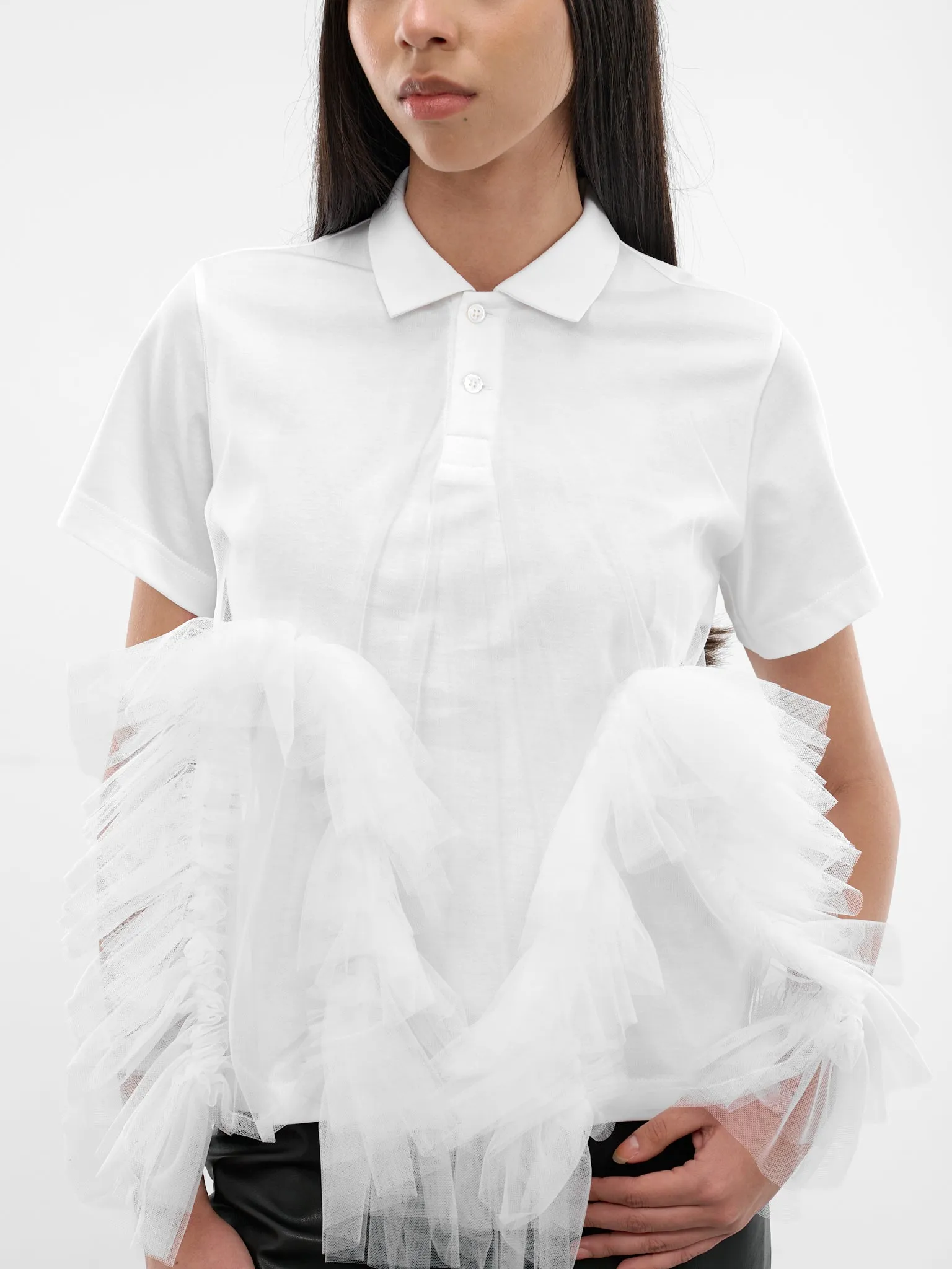White Tulle Ruffle Polo Shirt (3Q-T003-S26-WHITE) sold by lorenzo product image thumbnail 4