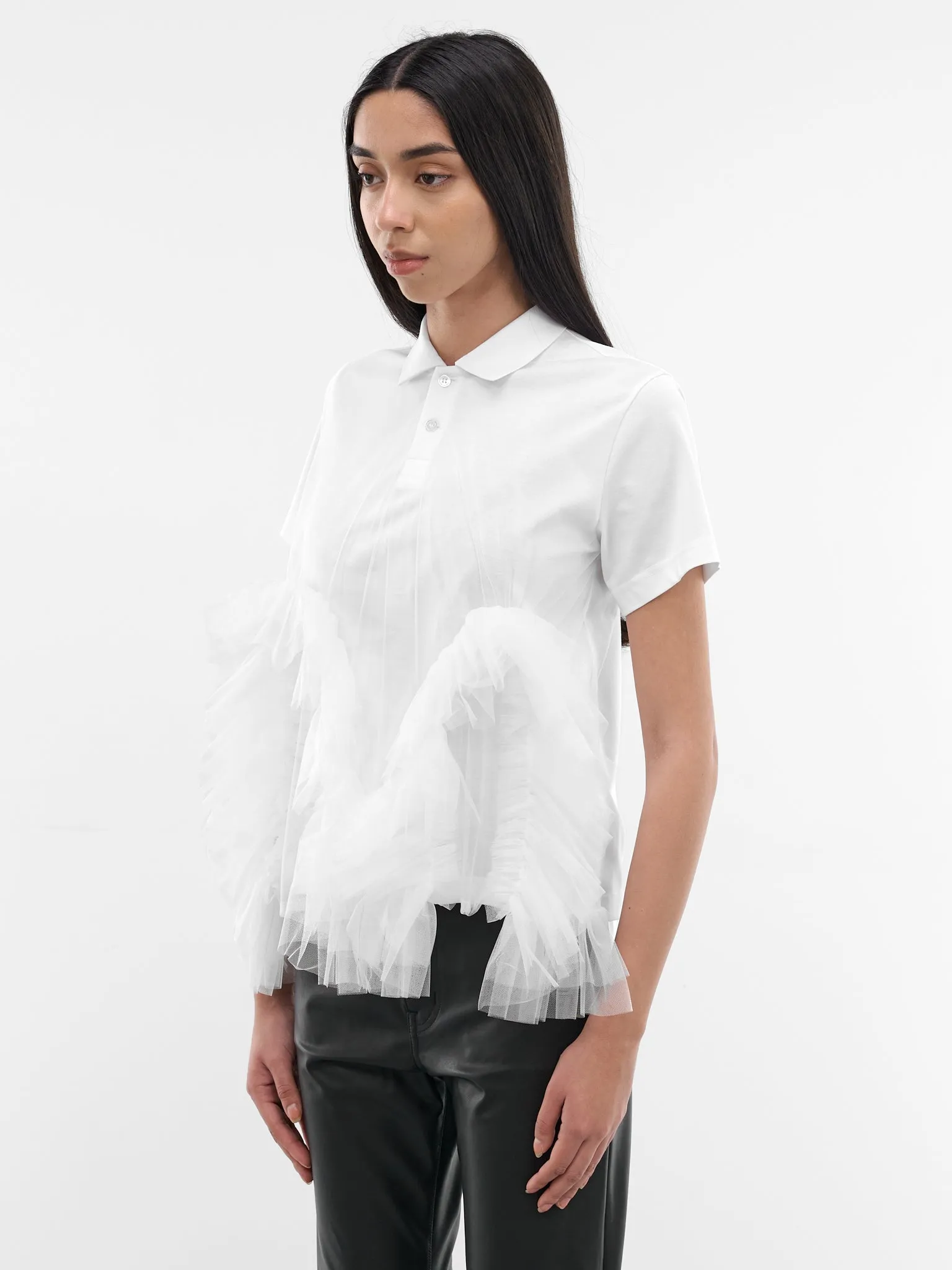 White Tulle Ruffle Polo Shirt (3Q-T003-S26-WHITE) sold by lorenzo product image thumbnail 2