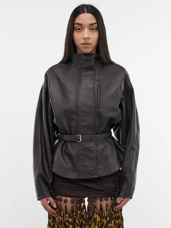 Brown Lamb Leather Belted Jacket (OUW00127AC27L27-DARK-BROWN) made by Jacquemus