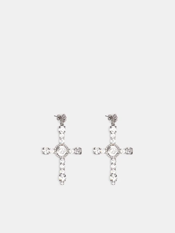 Silver Crystal Cross Earrings (4W282A-N0993-CRYSTAL) made by Blumarine
