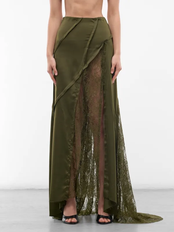 Asymmetric Satin-Lace Paneled Skirt (4G106A-N0519-BRONZE-GREEN) made by lorenzo