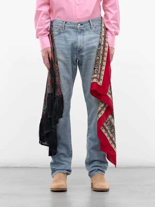 Scarf Draped Blue Denim Jeans (WQ-P208-S26-INDIGO-BLACK-RED) made by Junya Watanabe