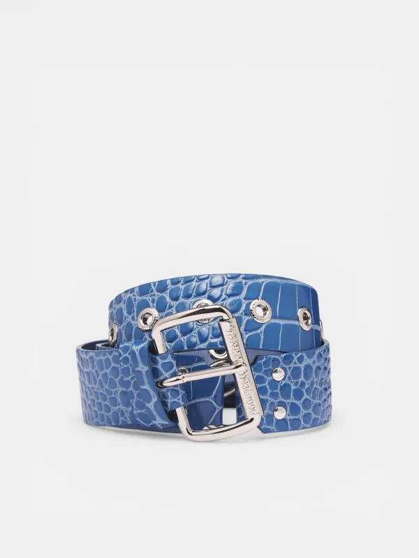 Blue Croc-Embossed Leather Belt (8201007XU-L0098-BLUE) made by Vivienne Westwood
