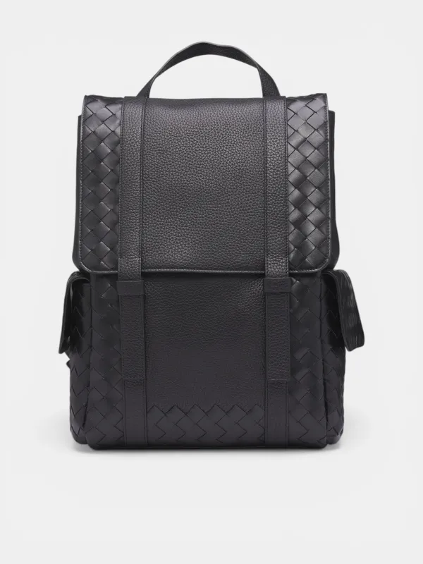 Black Intrecciato Leather Backpack (805971V4FW2-8803-BLACK-SILVER) made by Bottega Veneta