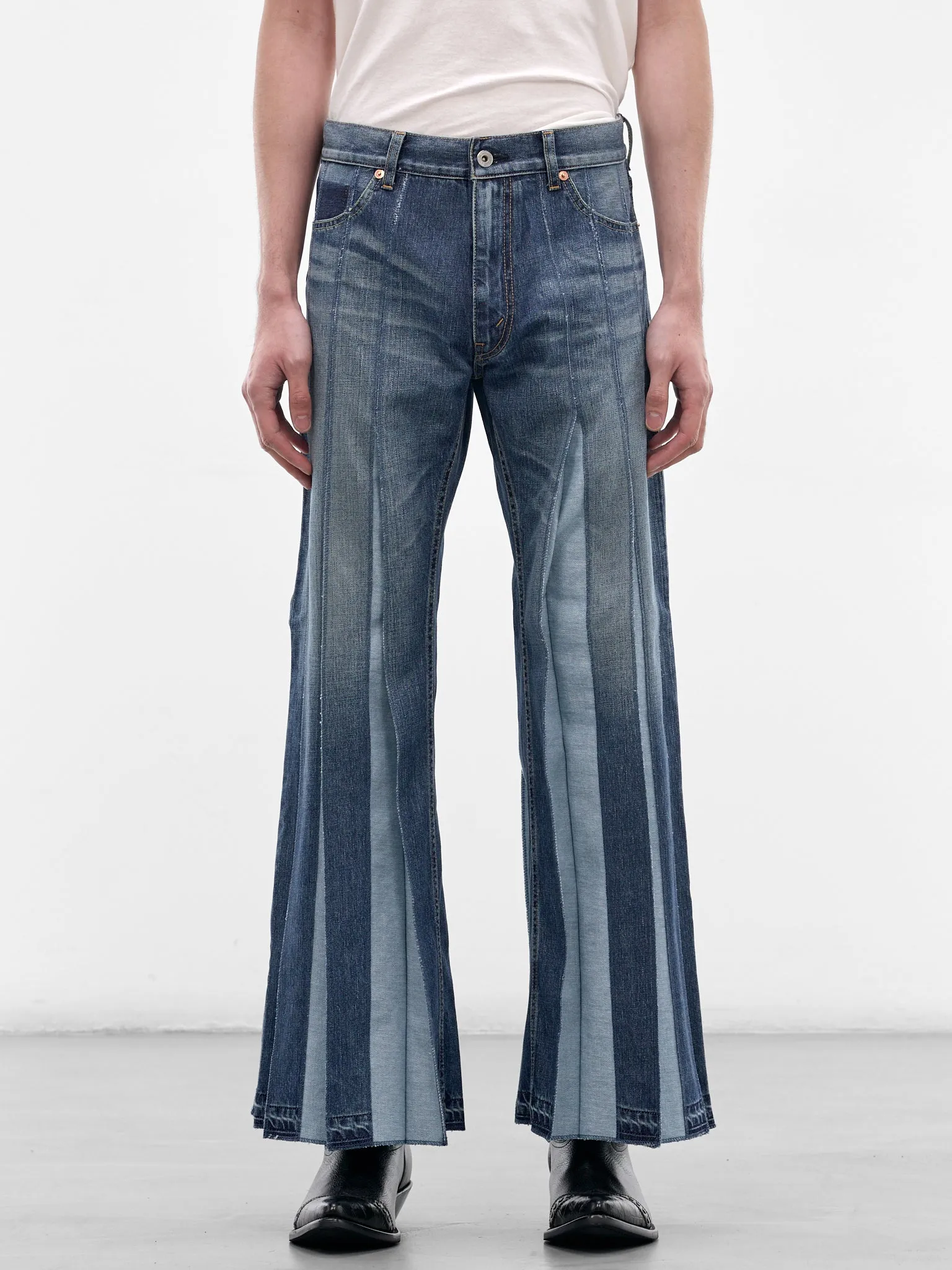 Indigo Denim Deconstructed Flare Jeans (WQ-P005-S26-INDIGO) sold by lorenzo