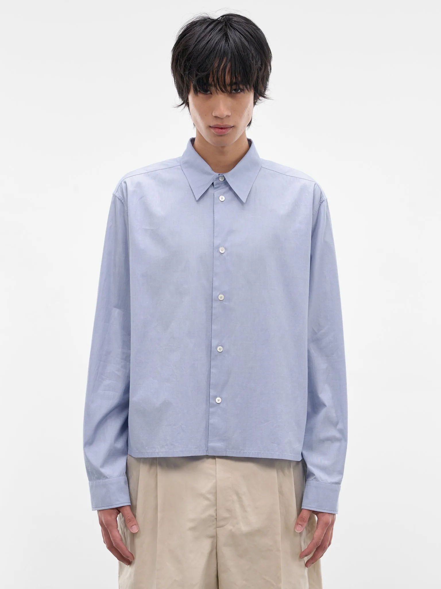Blue Boxy Cropped Button-Up Shirt (J21DL0276-J45341-458-LIGHT-BLU) sold by lorenzo