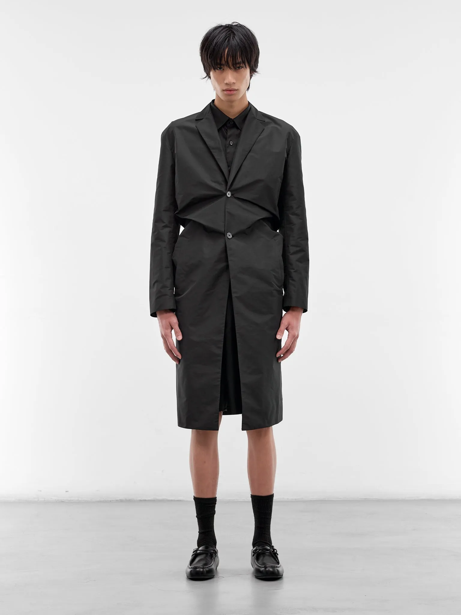Black Asymmetric Gathered Coat (J21AA0207-J70221-001-BLACK) sold by lorenzo