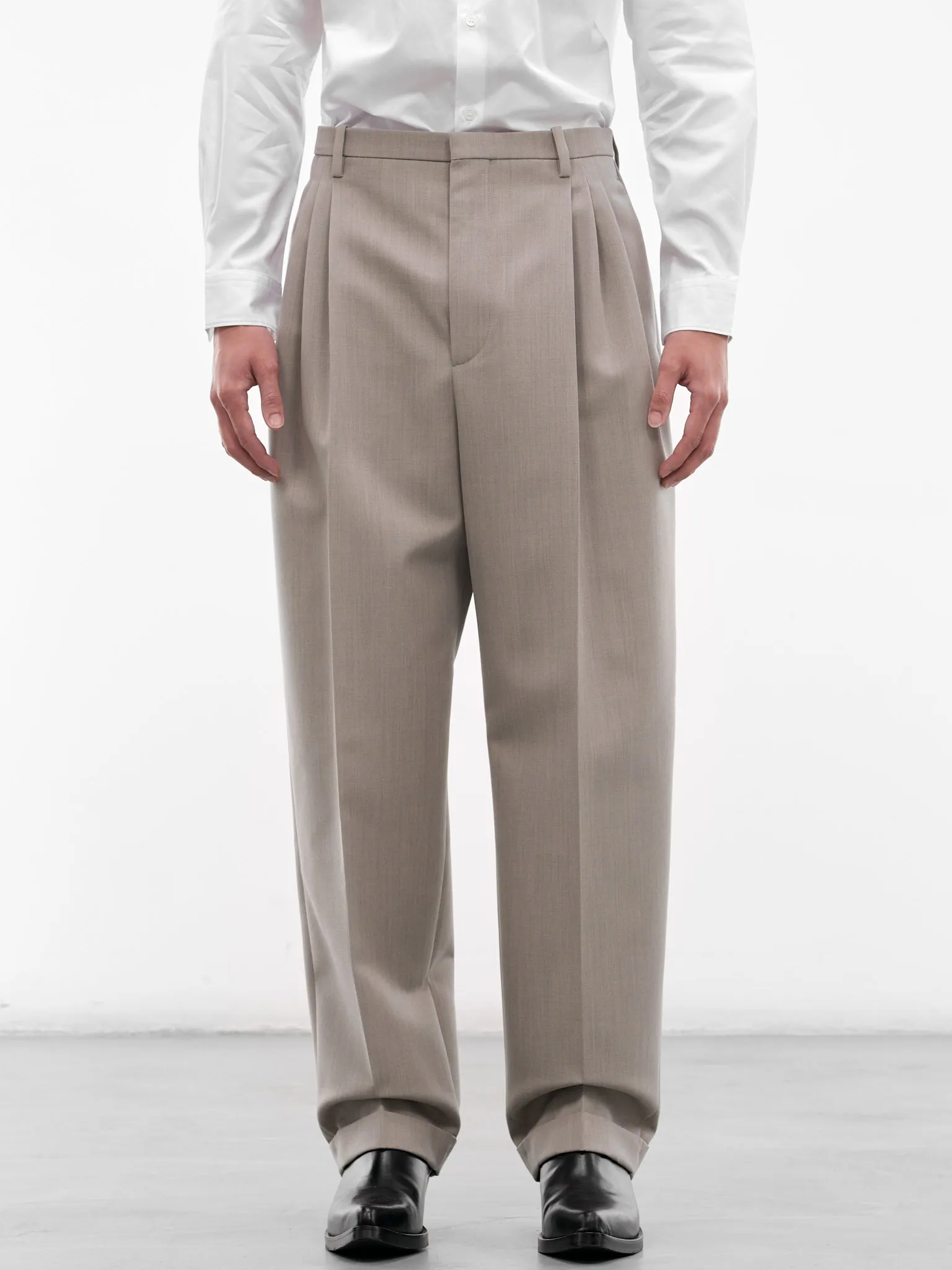 Stone Tailored Wide Trousers (851380V6DE0004-STONE-MELANGE) sold by lorenzo