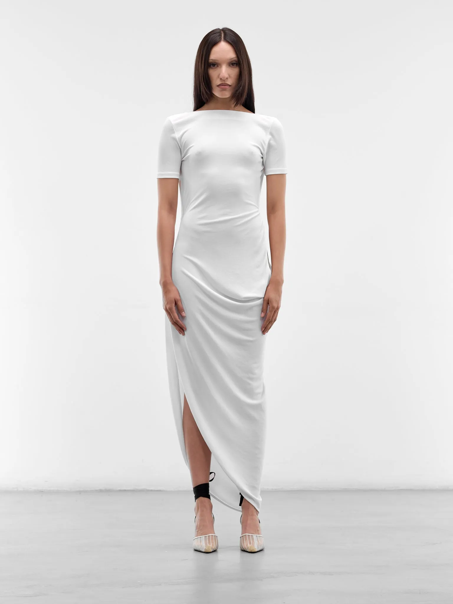 White Sole Asymmetric Draped Dress (DRW00841AJ00253-WHITE) sold by lorenzo
