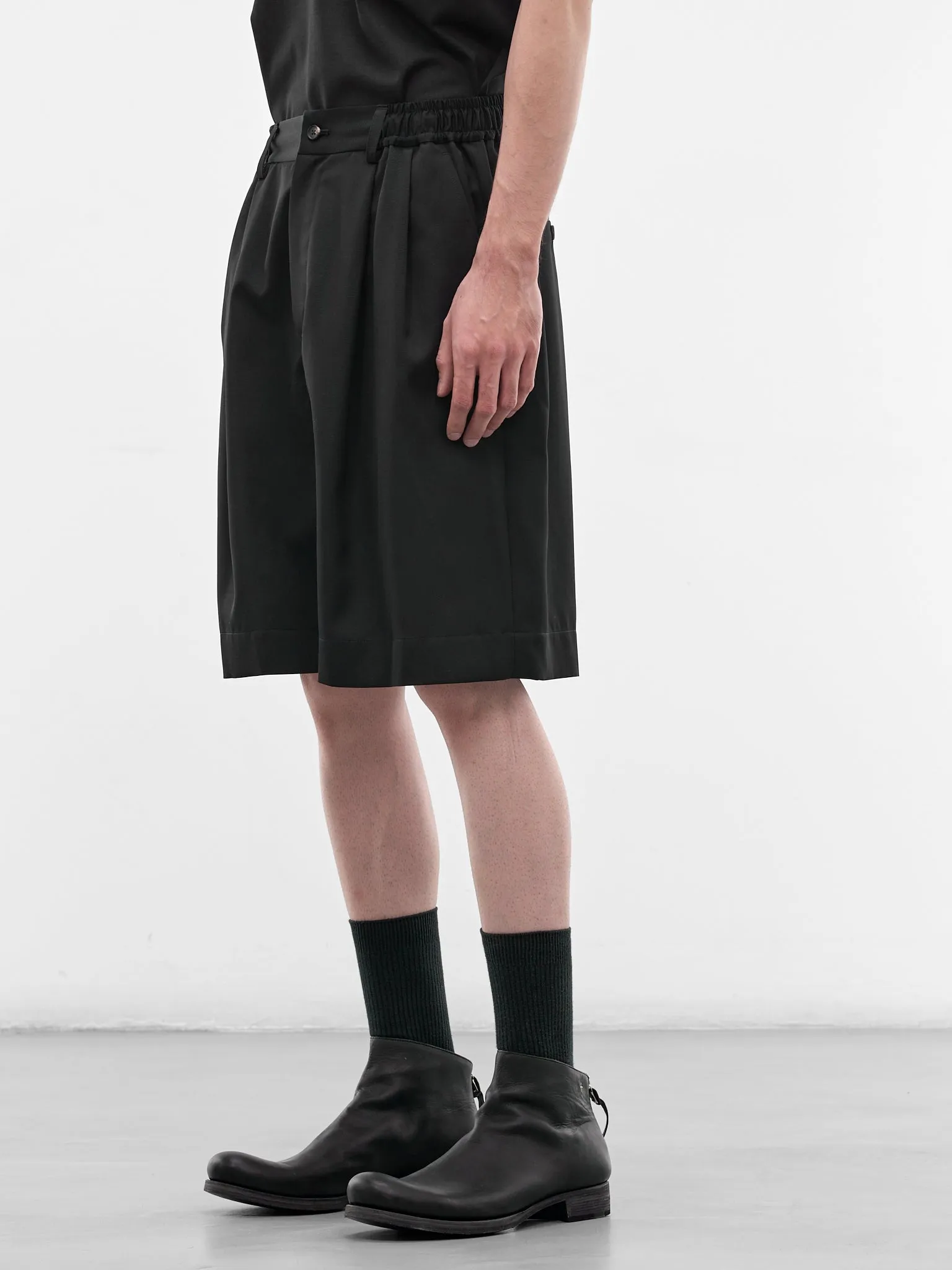 Black Elasticated Waist Wool Shorts (ST-1435-BLACK) sold by lorenzo product image thumbnail 2