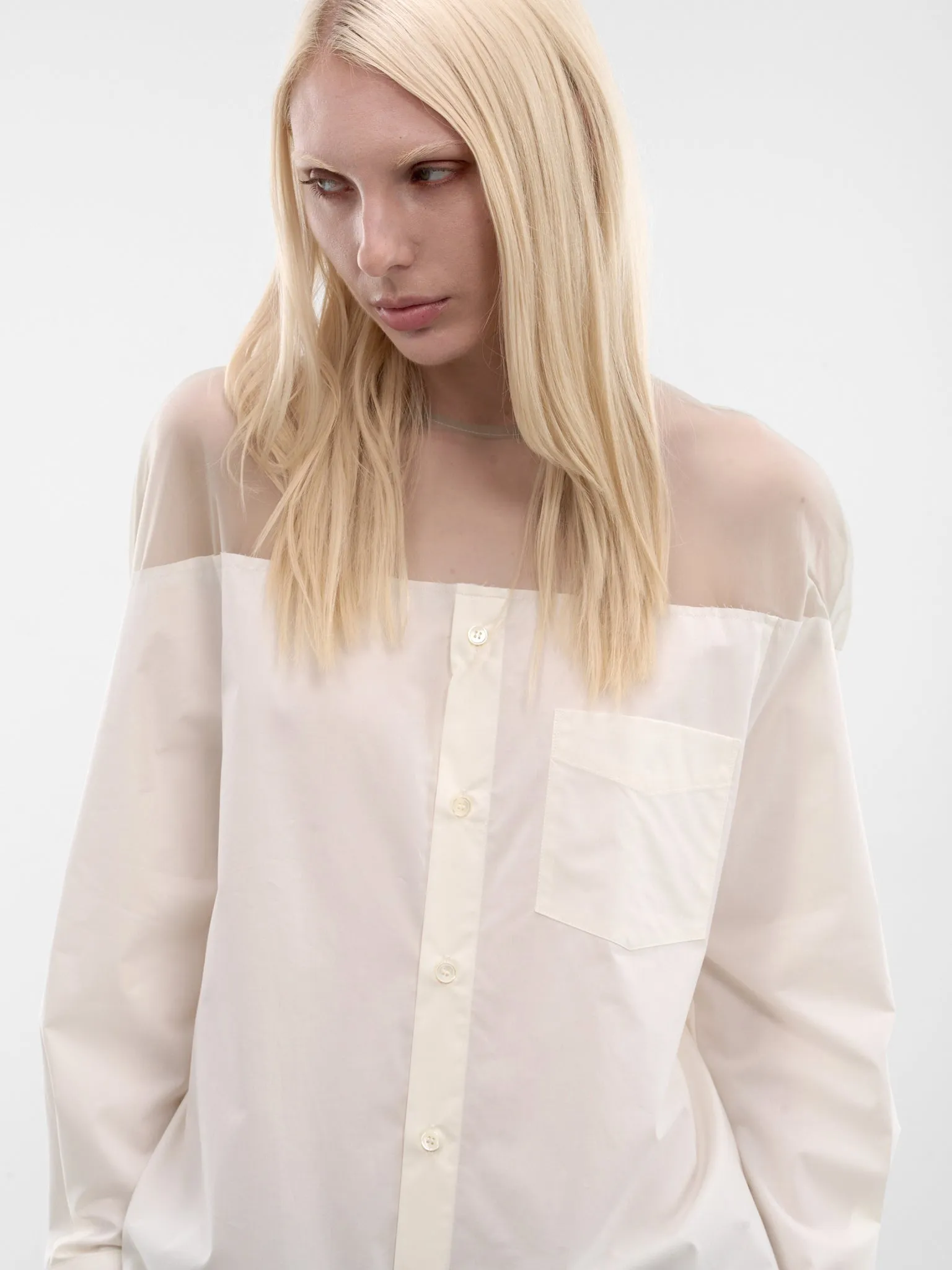 White Sheer Panel Buttoned Shirt (S62NH0053-M35256-101-WHITE) sold by lorenzo product image thumbnail 4