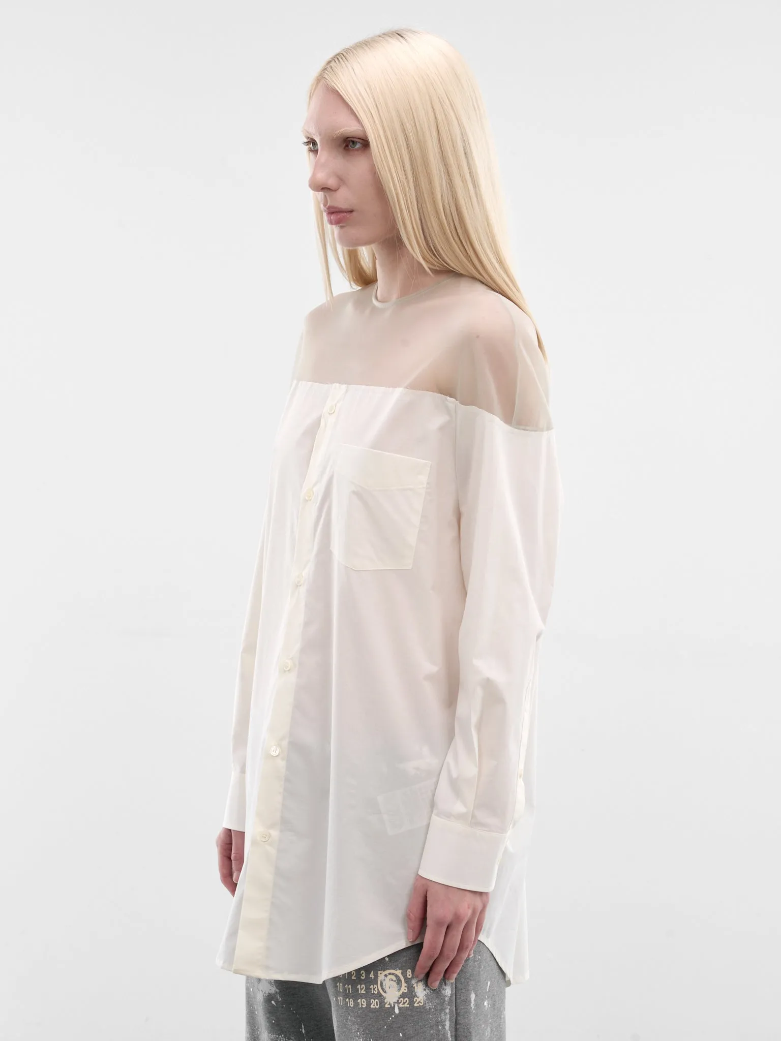 White Sheer Panel Buttoned Shirt (S62NH0053-M35256-101-WHITE) sold by lorenzo product image thumbnail 2