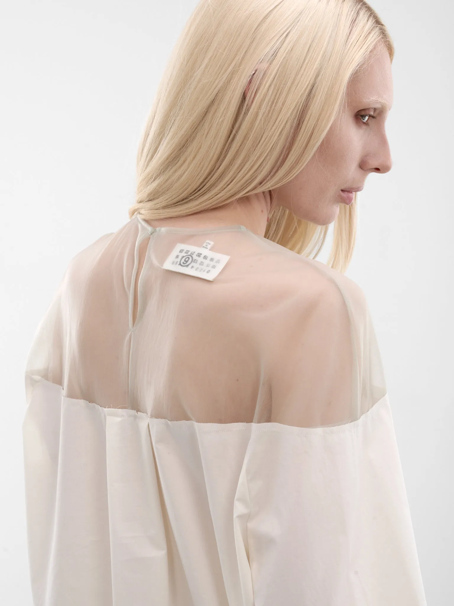 White Sheer Panel Buttoned Shirt (S62NH0053-M35256-101-WHITE) sold by lorenzo product image thumbnail 5