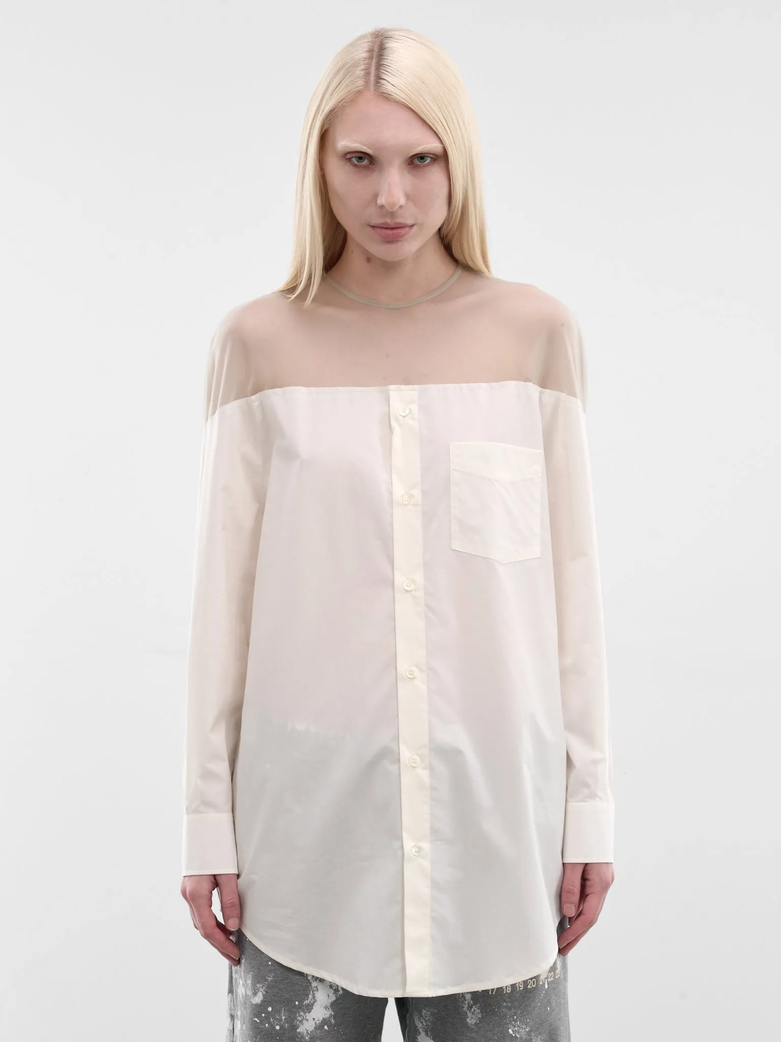 White Sheer Panel Buttoned Shirt (S62NH0053-M35256-101-WHITE) sold by lorenzo