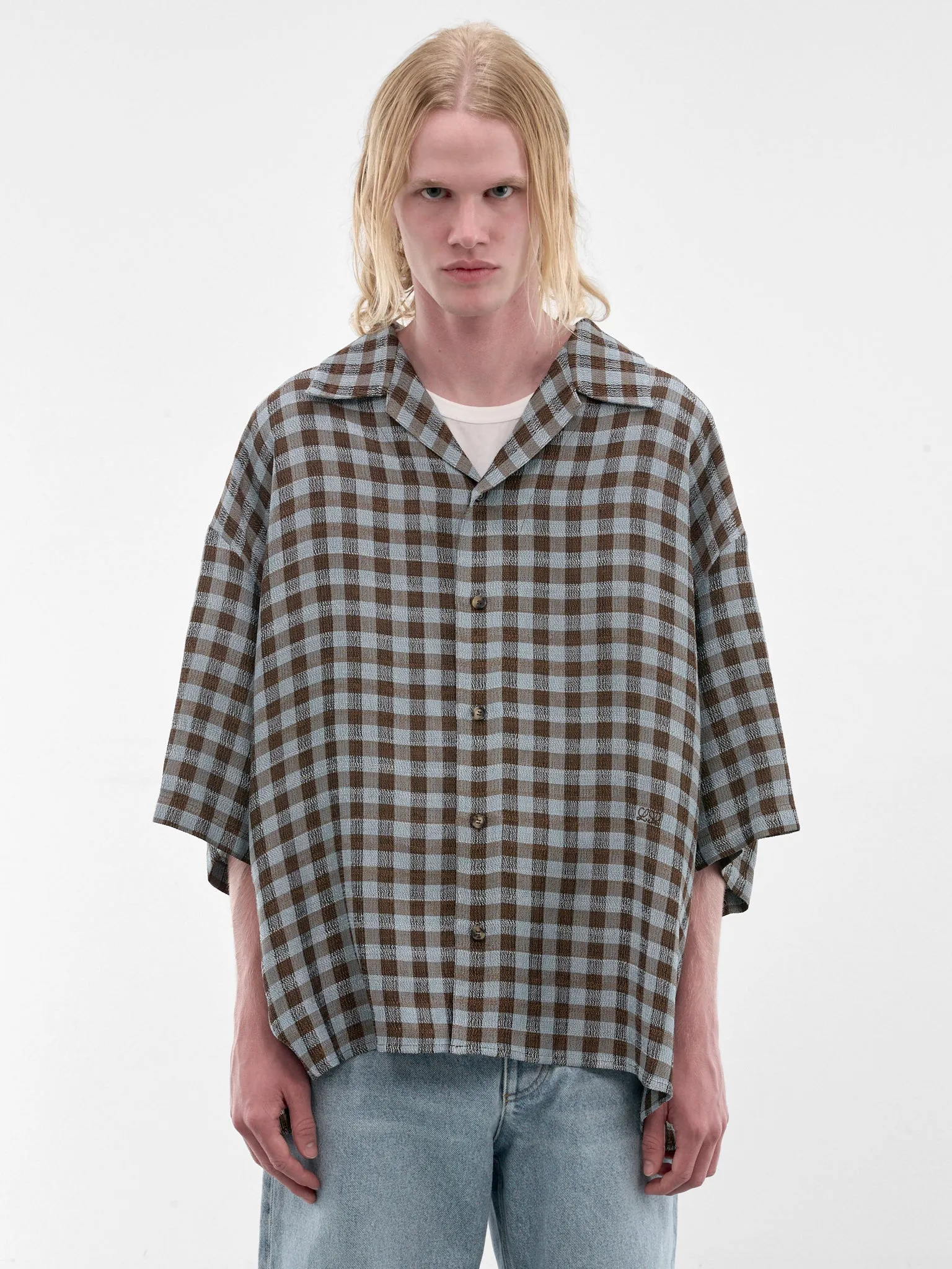 Boxy Check Short Sleeve Shirt (H526Y05WHY-BLUE-BROWN) sold by lorenzo