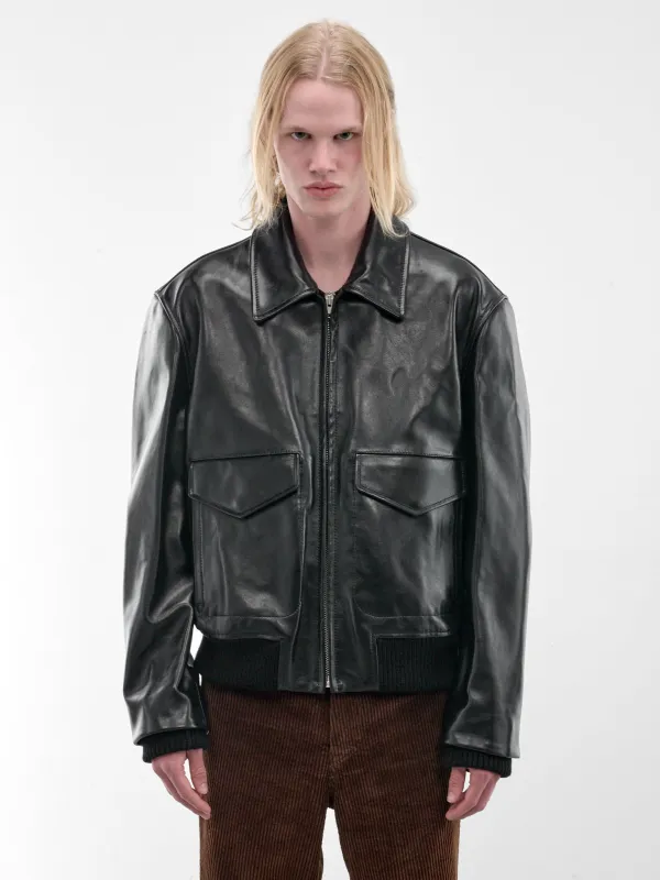 Black Leather Boxy Zip Jacket (JUMY0218LQ-ULV895-BLACK) made by Marni