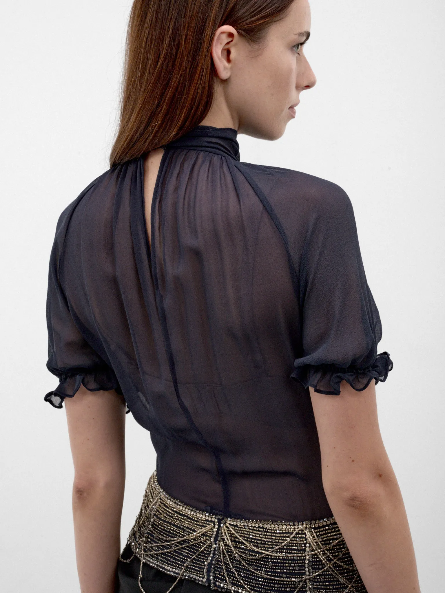 Blue Silk Beaded Chain Blouse (261WCI00040-DARK-BLUE) sold by lorenzo product image thumbnail 5