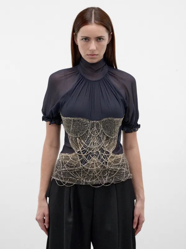 Blue Silk Beaded Chain Blouse (261WCI00040-DARK-BLUE) made by The Attico