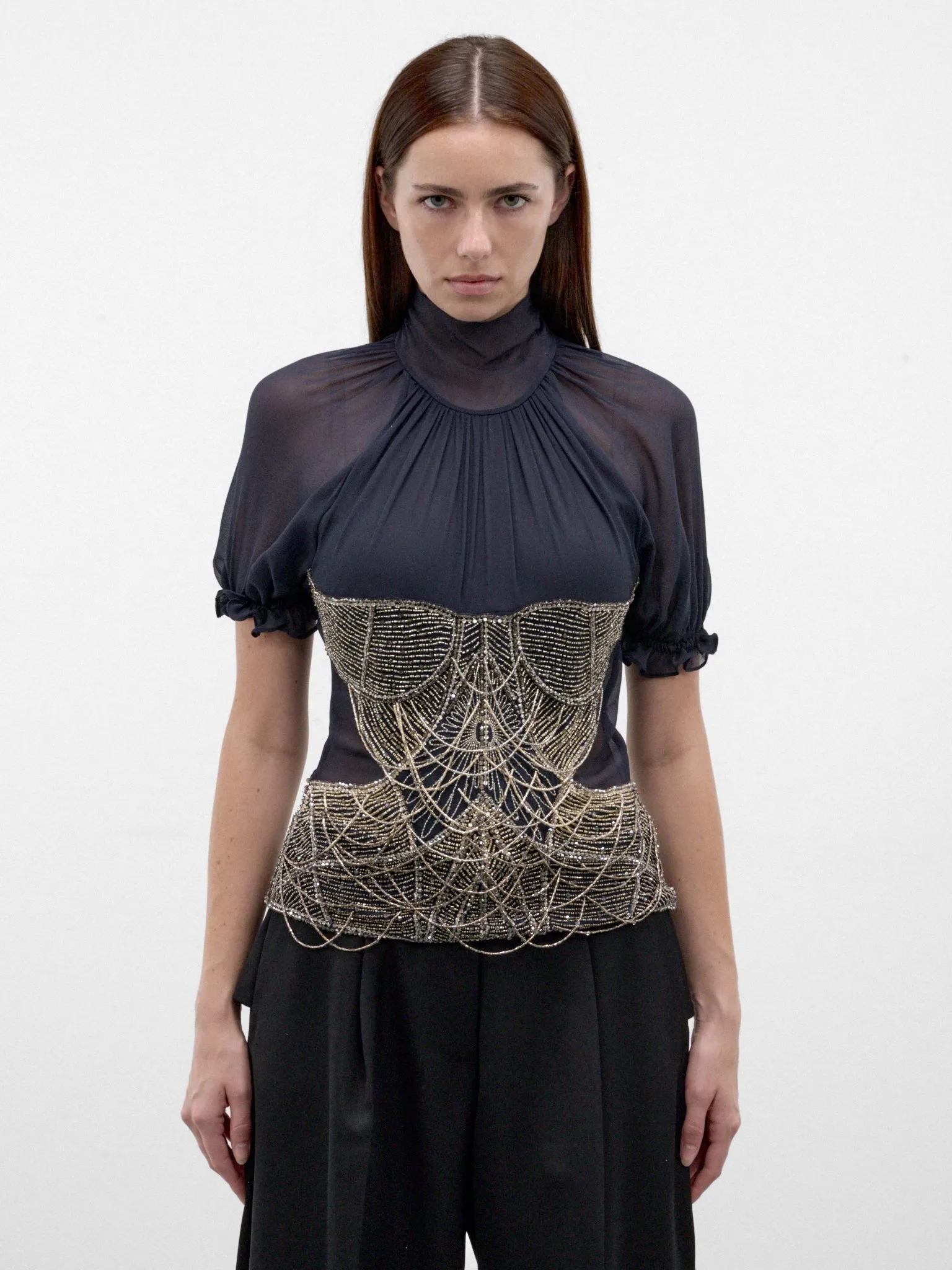 Blue Silk Beaded Chain Blouse (261WCI00040-DARK-BLUE) sold by lorenzo