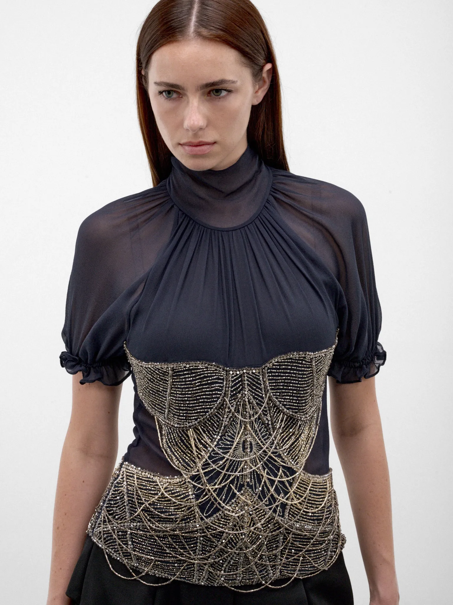 Blue Silk Beaded Chain Blouse (261WCI00040-DARK-BLUE) sold by lorenzo product image thumbnail 4