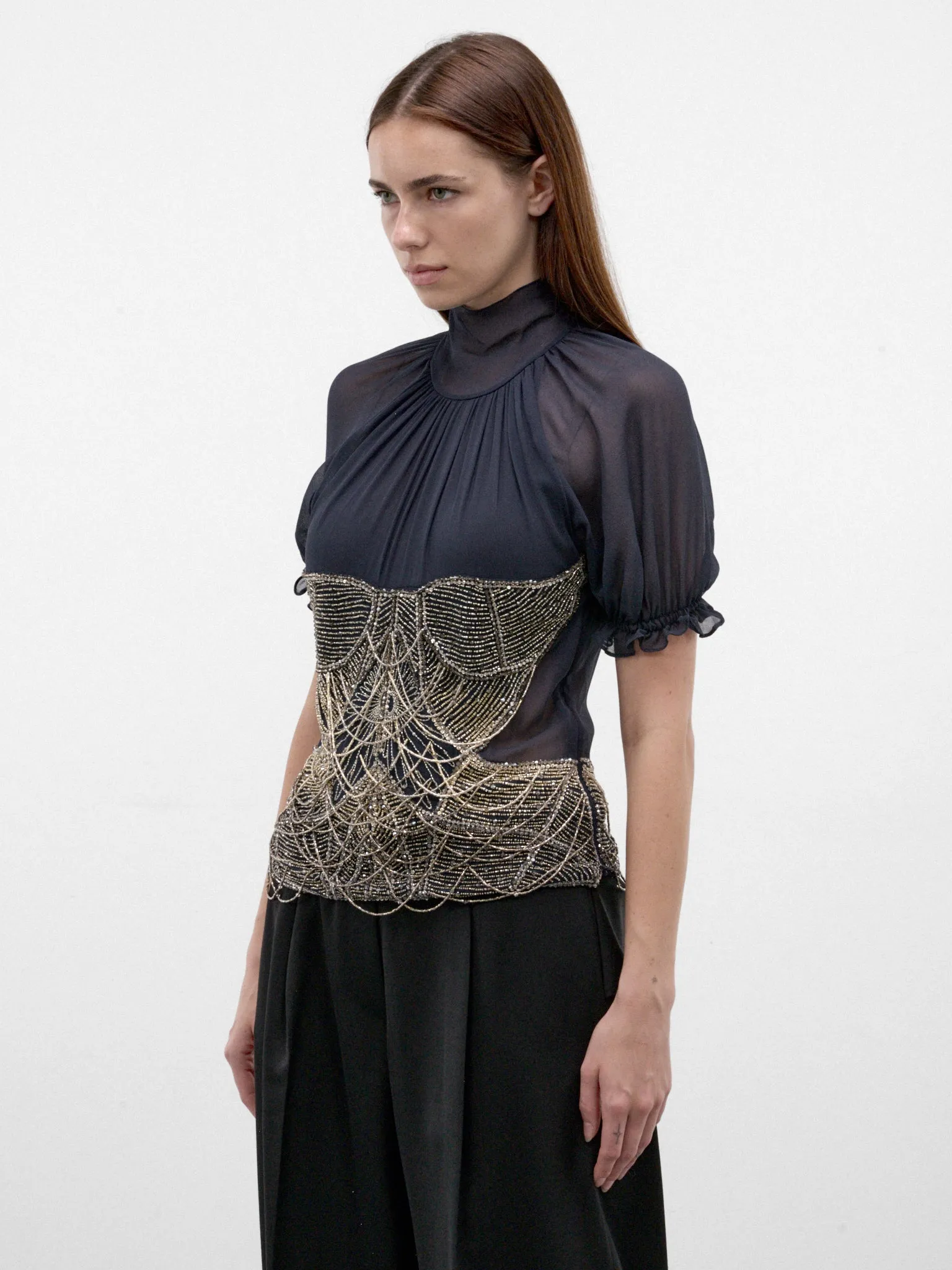 Blue Silk Beaded Chain Blouse (261WCI00040-DARK-BLUE) sold by lorenzo product image thumbnail 2