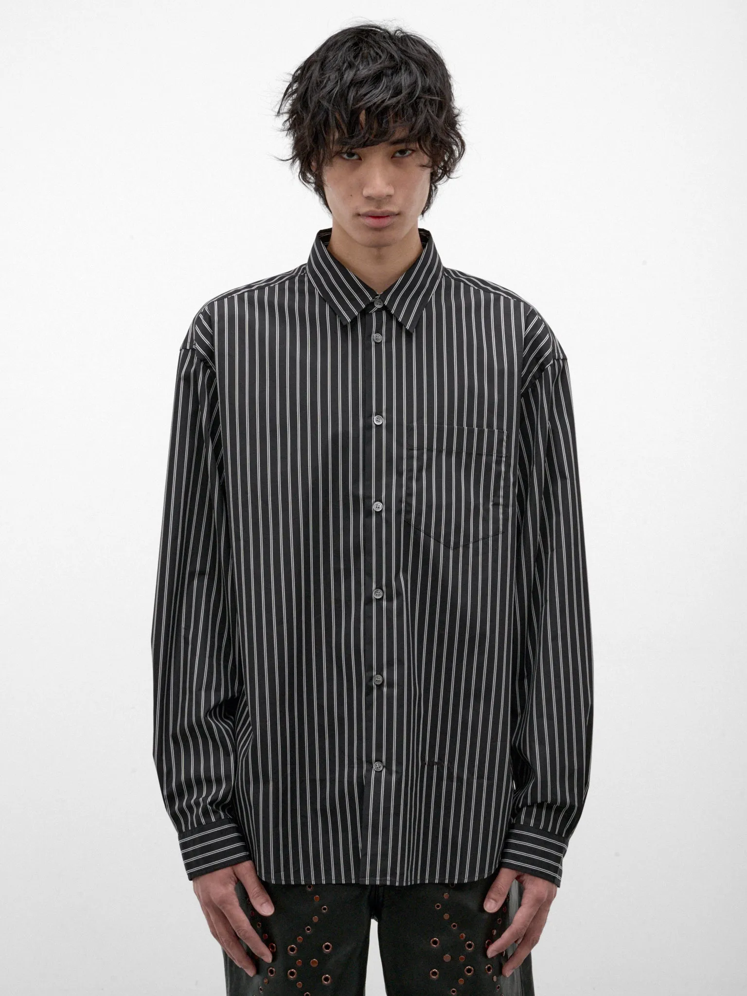 Black Pinstripe Long Sleeve Shirt (CUMU0394S0-UTC659-BLACK) sold by lorenzo