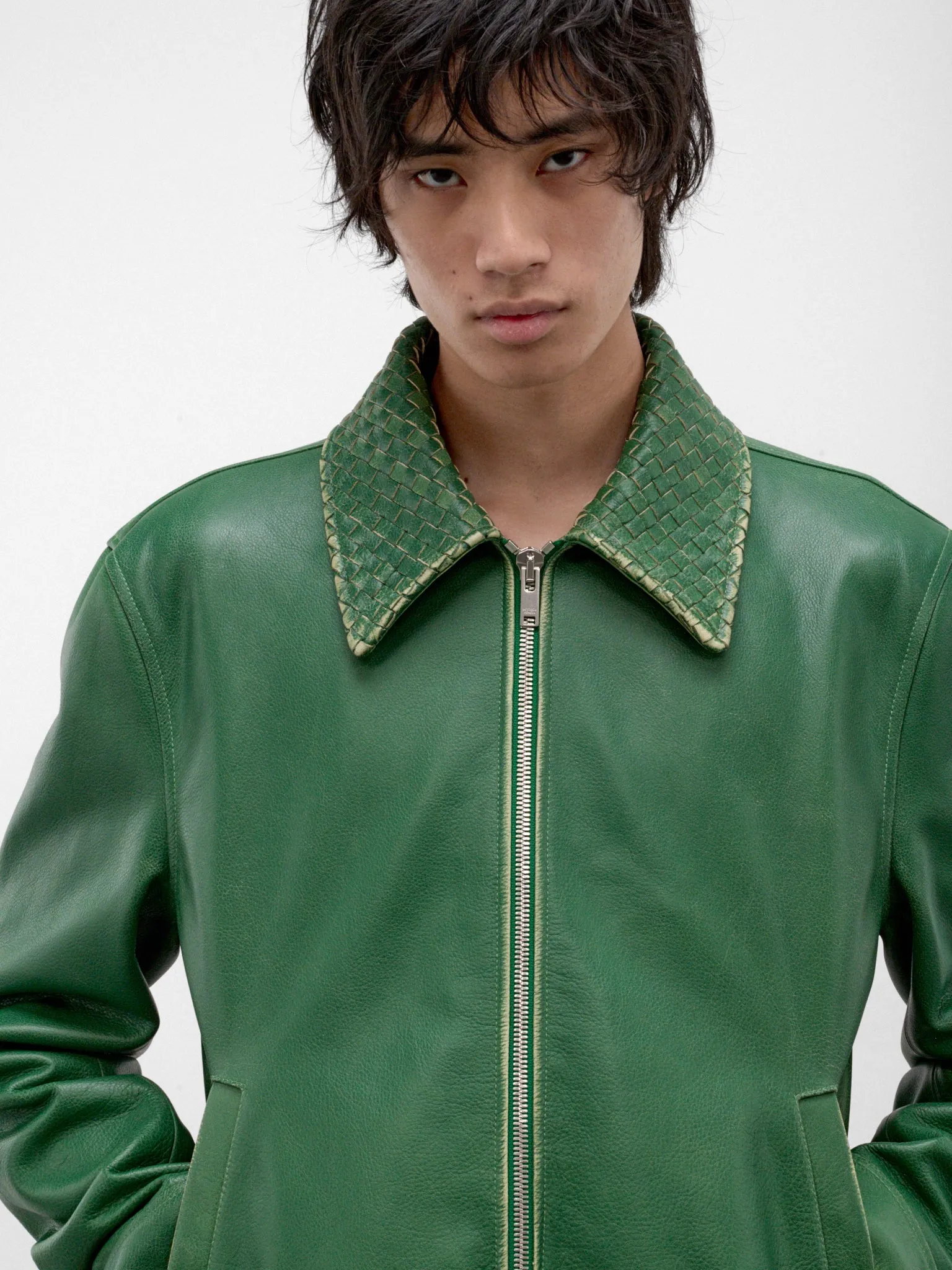 Green Leather Intrecciato Collar Jacket (A0046DV6M20-3086-MALACHITE) sold by lorenzo product image thumbnail 5