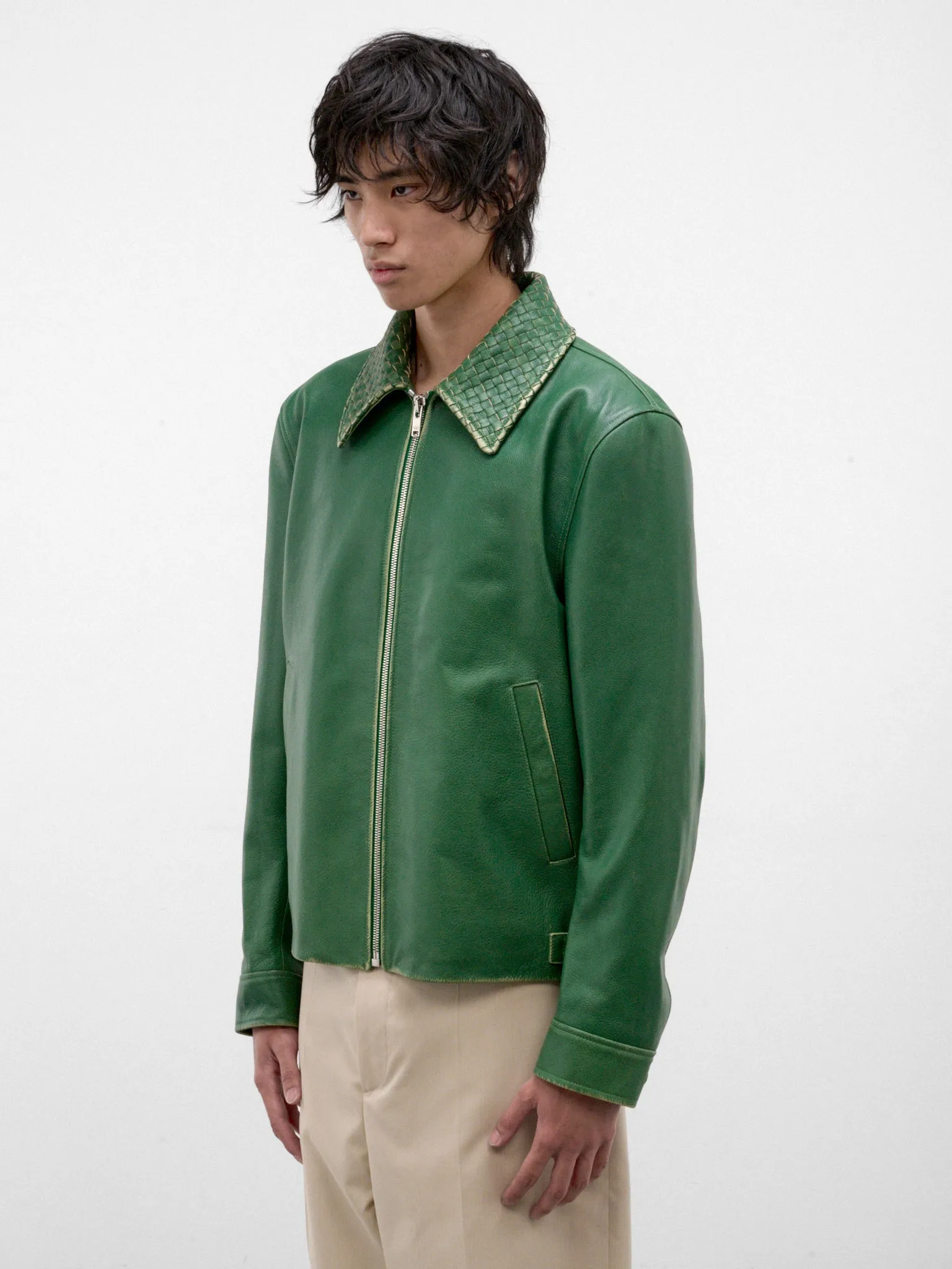 Green Leather Intrecciato Collar Jacket (A0046DV6M20-3086-MALACHITE) sold by lorenzo product image thumbnail 2