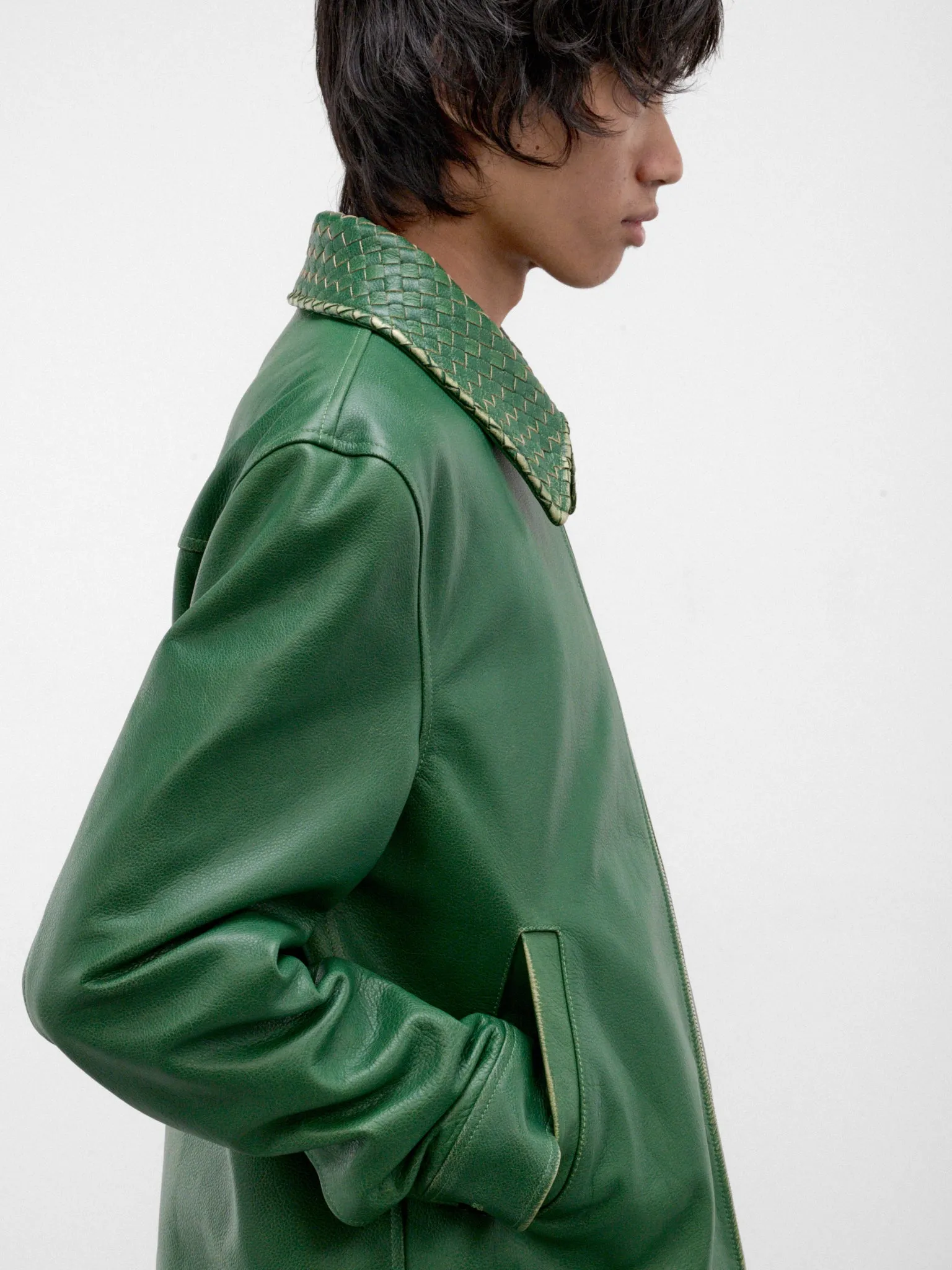 Green Leather Intrecciato Collar Jacket (A0046DV6M20-3086-MALACHITE) sold by lorenzo product image thumbnail 4