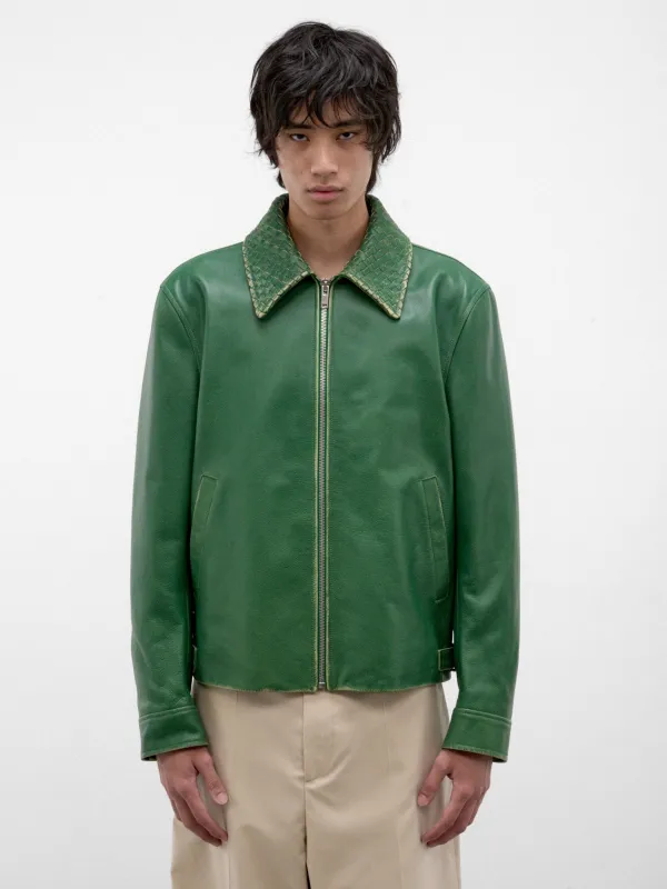 Green Leather Intrecciato Collar Jacket (A0046DV6M20-3086-MALACHITE) made by Bottega Veneta