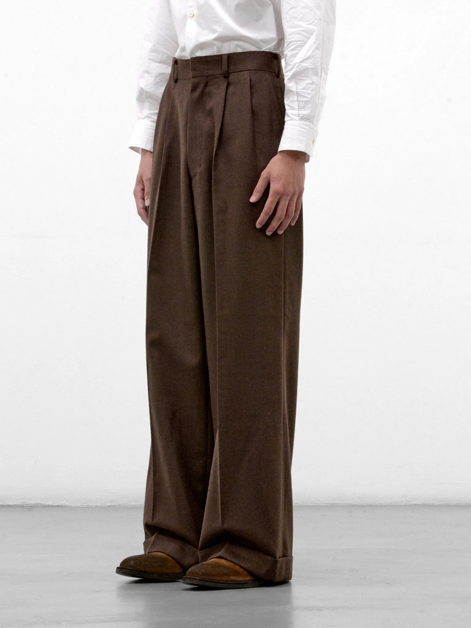 Brown Wool Pleated Wide Trousers (WR-P031-W26-BROWN) sold by lorenzo product image thumbnail 2