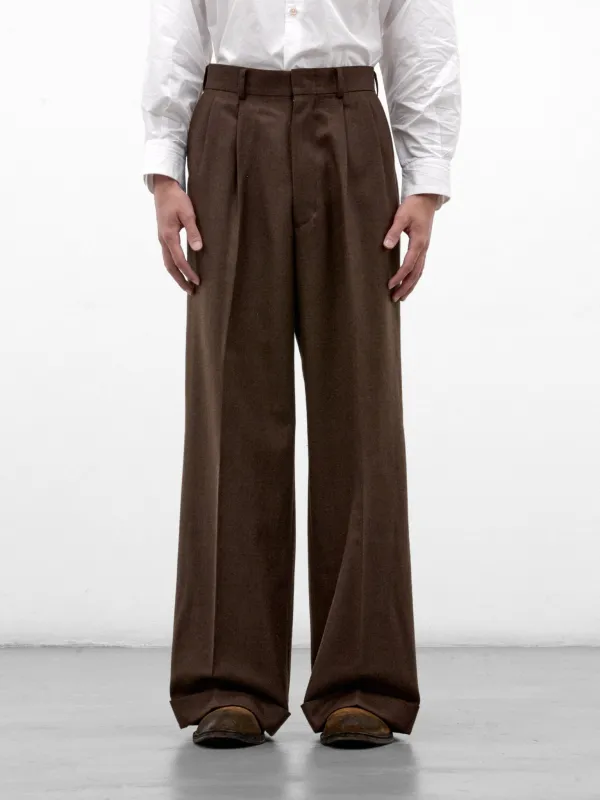 Brown Wool Pleated Wide Trousers (WR-P031-W26-BROWN) made by Junya Watanabe