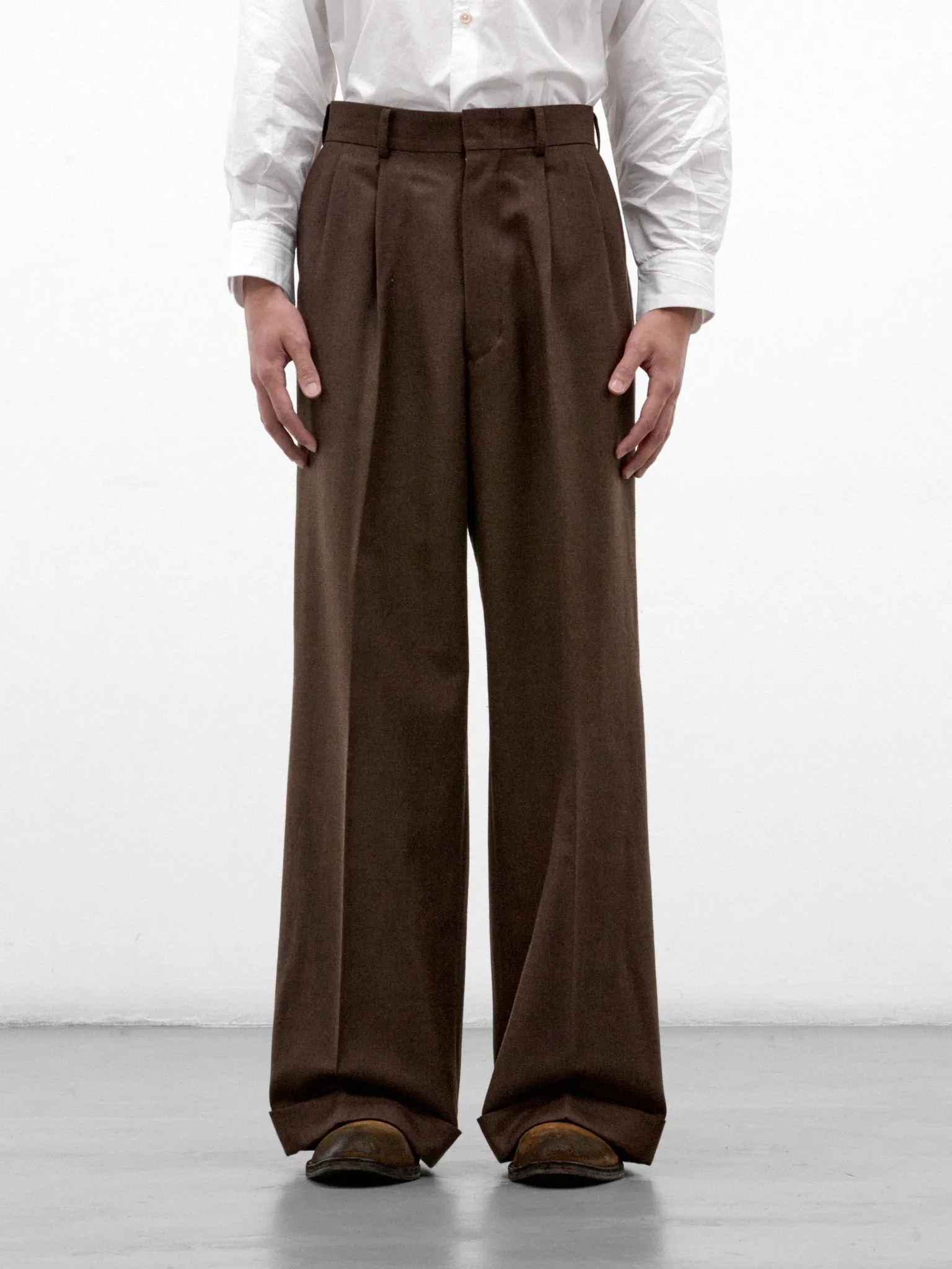 Brown Wool Pleated Wide Trousers (WR-P031-W26-BROWN) sold by lorenzo