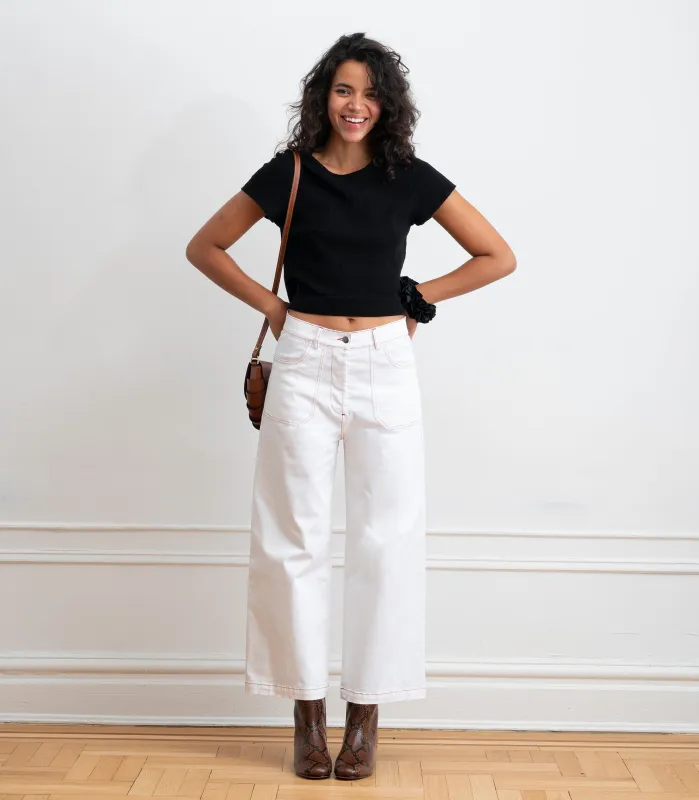 Simone Wide Crop Pants - White & Red made by Loup