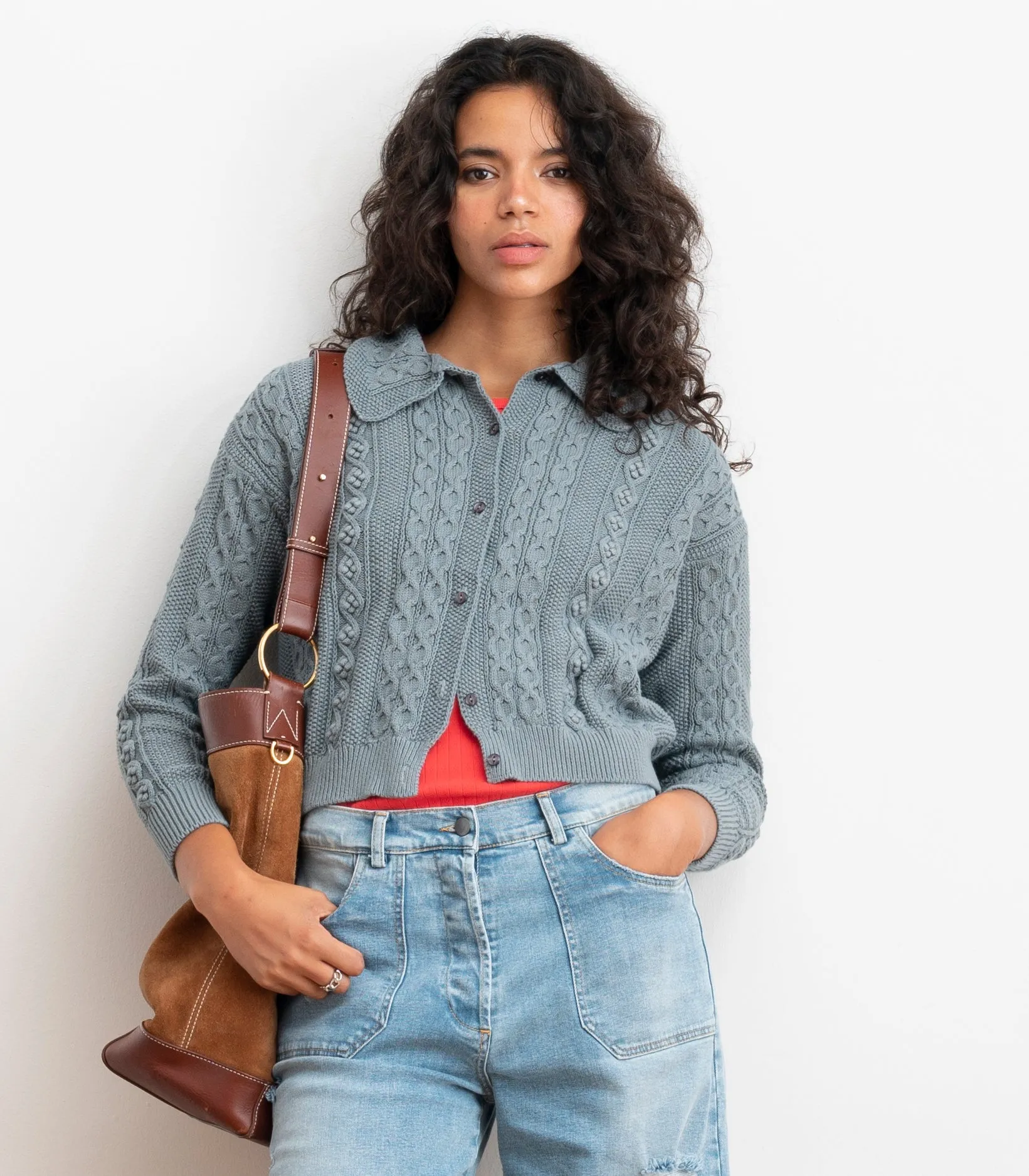 Michelle Cable-Knit Collar Cardigan - Gray SS26 sold by Loup