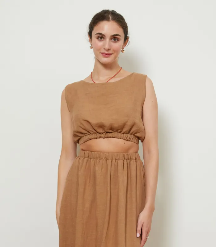 Carla Cropped Linen Top - Brown sold by Loup
