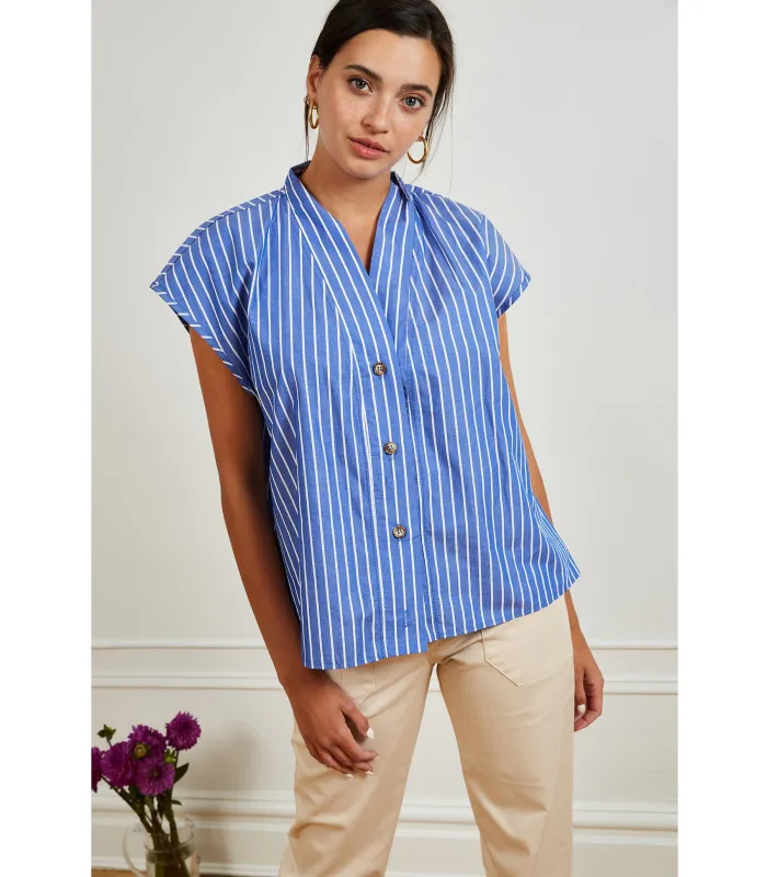 Sienna Shawl Collar Top - Blue Stripe made by Loup