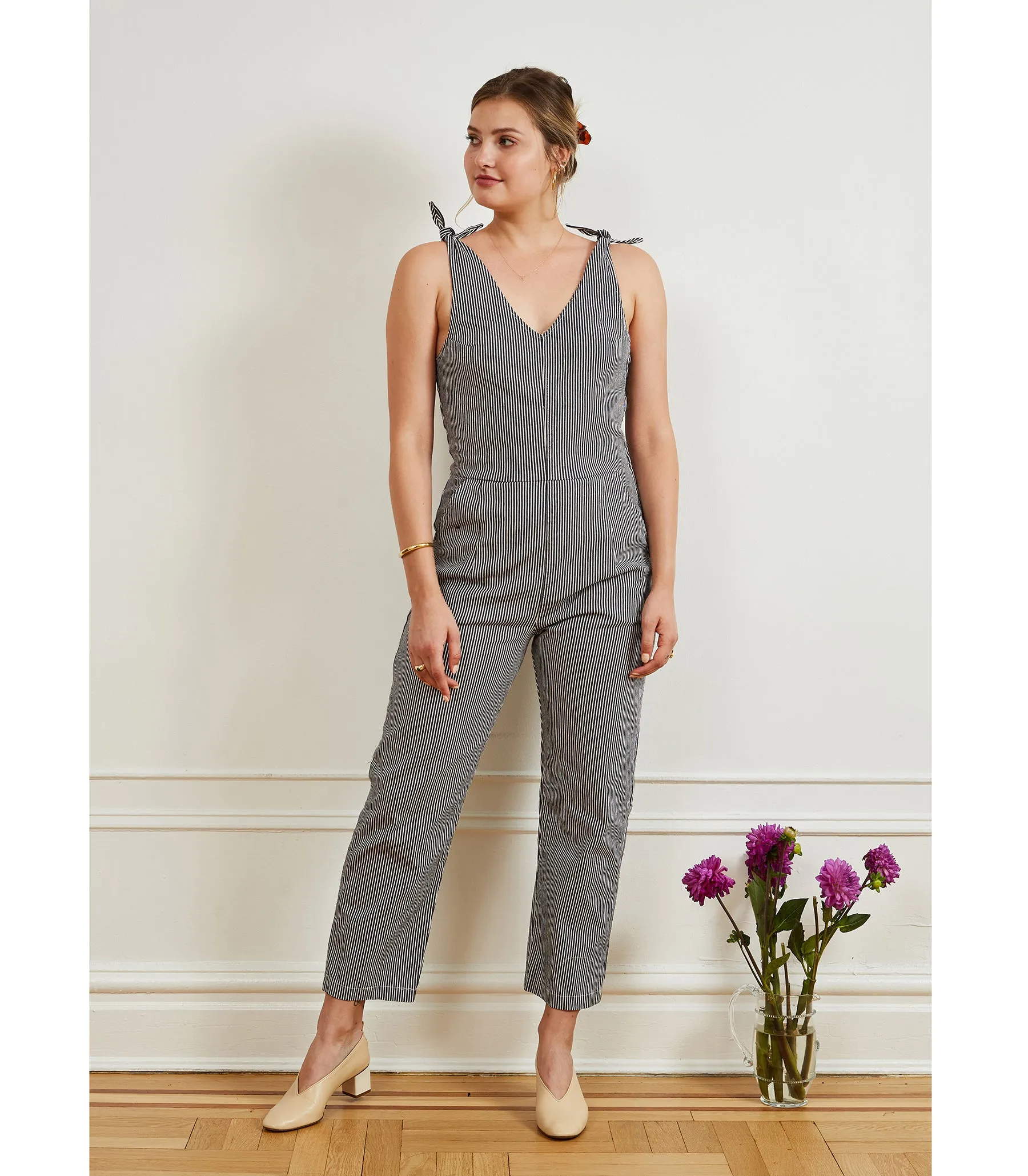 Slate Tie Strap Coveralls - Stripe sold by Loup
