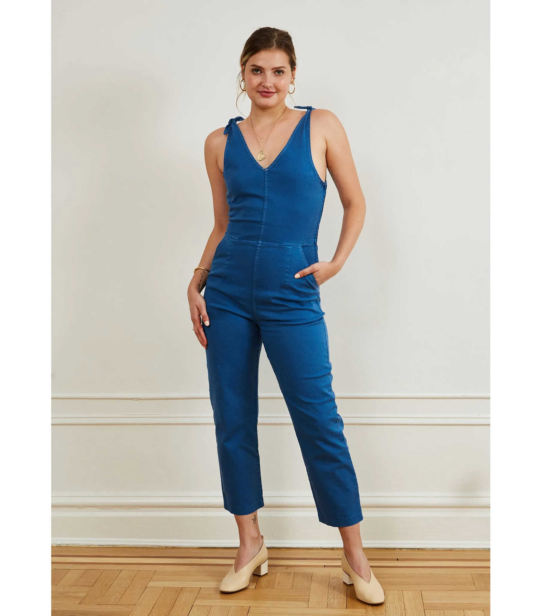 Slate Tie Strap Coveralls - Azure sold by Loup