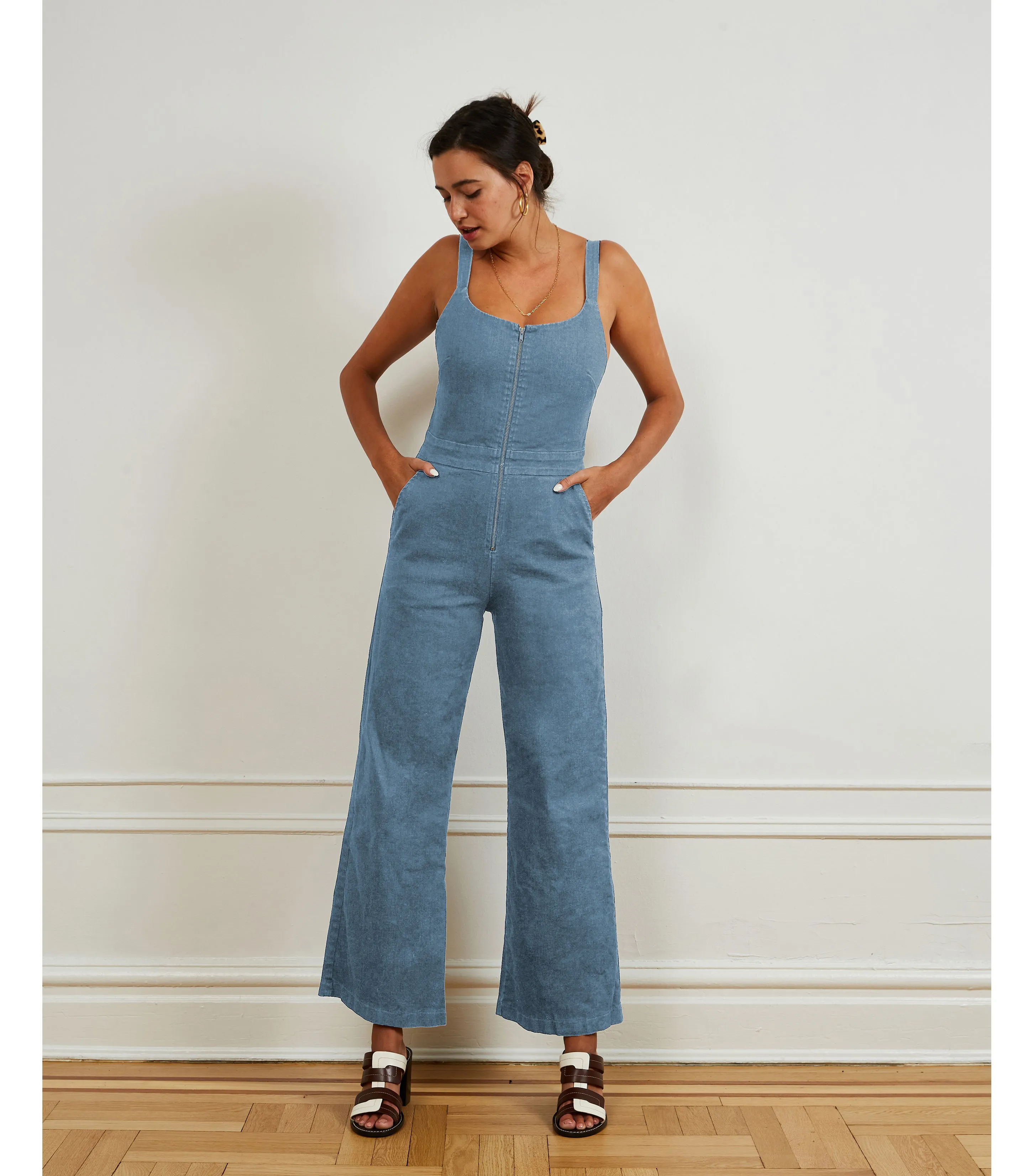 Billy Zip Front Wide Leg Jumpsuit - Light Indigo sold by Loup