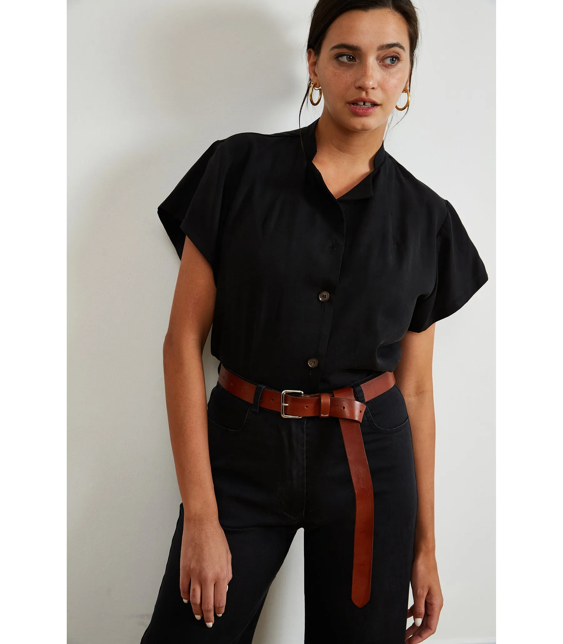 Donna Short-Sleeve Button-Up Top - Black sold by Loup