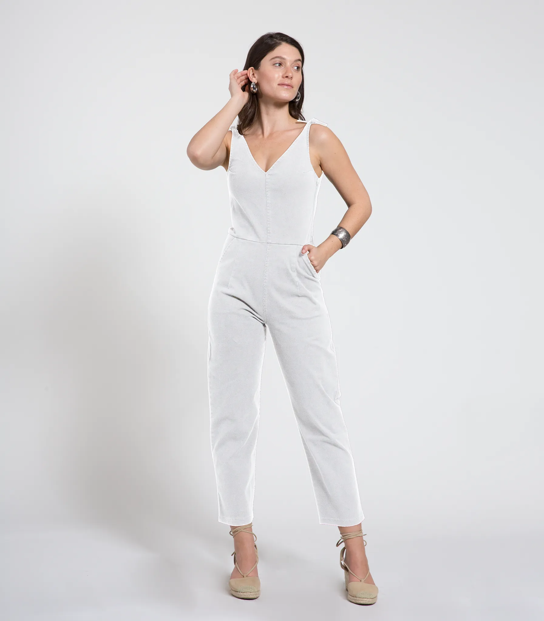 Slate Tie Strap Coveralls - White sold by Loup