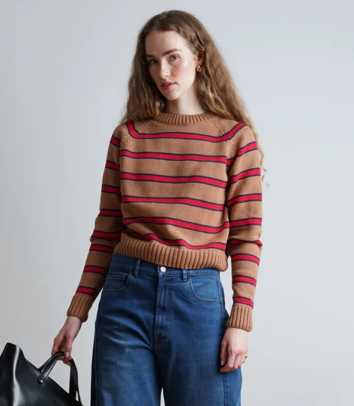 Roma Striped Crew Neck Sweater - Tan AW26 made by Loup